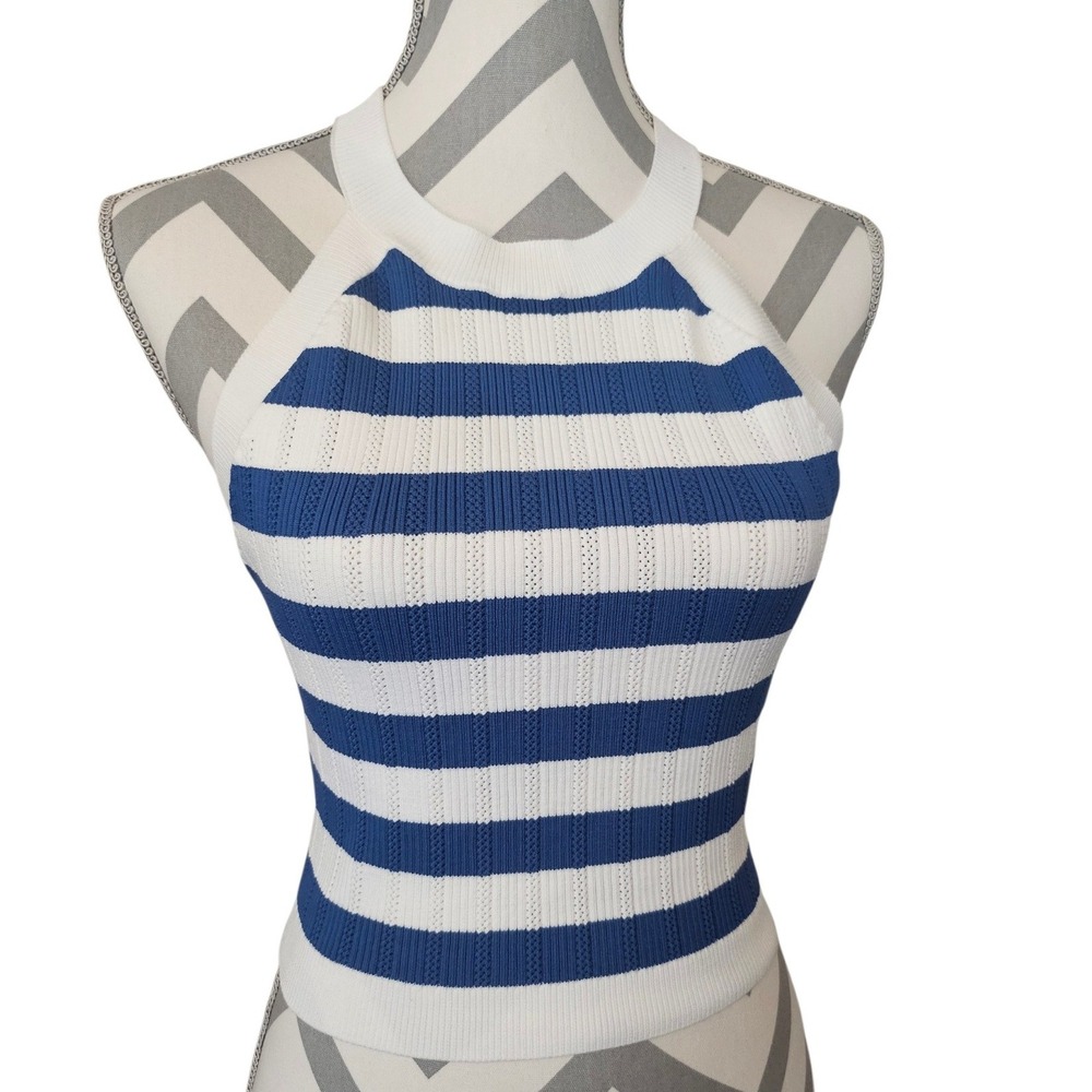 Happily Grey Blue White Striped Knit Halter Tank Top Sleeveless Sweater Large